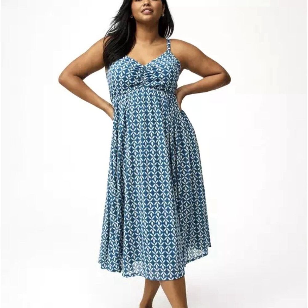 Torrid Tie Back Midi Dress Womens Size 1X Blue White Floral Adjustable Straps